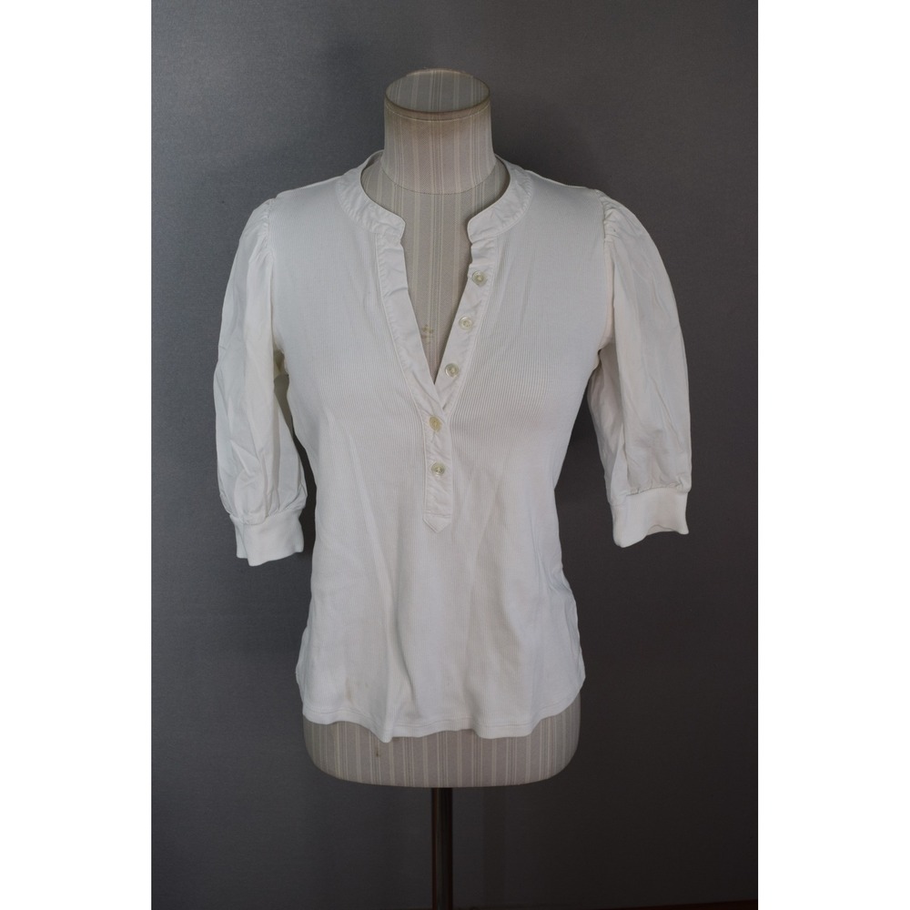Veronica Beard Jeans Coralee Henley Small White Puff Sleeve Ribbed Women Top
